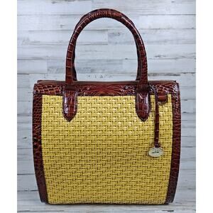 BRAHMIN Beachrose Collection Caroline Woven Straw/Brown Leather Reptile Satchel